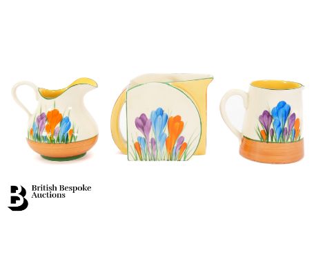 Clarice Cliff Autumn Crocus jugs, including the Stanford shape jug approx 9 cms, a creamer approx 9cms and a tankard approx 8