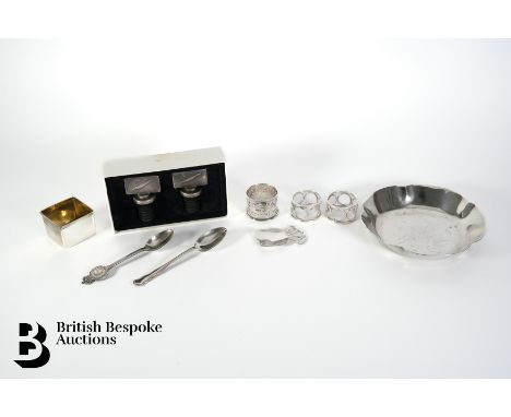 Miscellaneous silver including three napkin rings, silver spoon, Georgian square silver trinket dish, dated 1806 mm William F