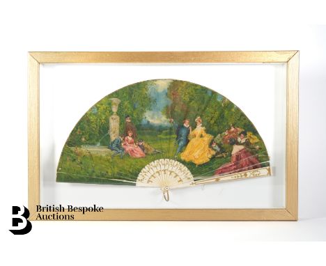 Early 20th century fan, printed lithograph leaf depicting a classical scene with courting couples in a garden setting, bone s