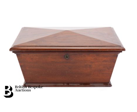 A large Georgian sarcophagus shaped tea caddy, composed of two compartments for green and black tea, together with a glass mi
