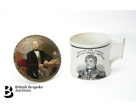 A rare royal coronation mug, cream with black and white transfer printed depicting the Coronation of William IV together with