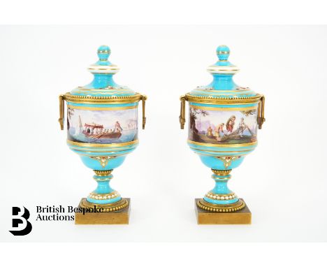 Pair of Sevres miniature vases and covers, 19th century, each vase painted with a continuous scene displaying the disparity b