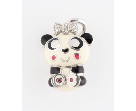 An Aaron Basha 18ct white gold enamel and diamond panda charm / pendant, the novelty panda featuring diamond set bow, hallmar