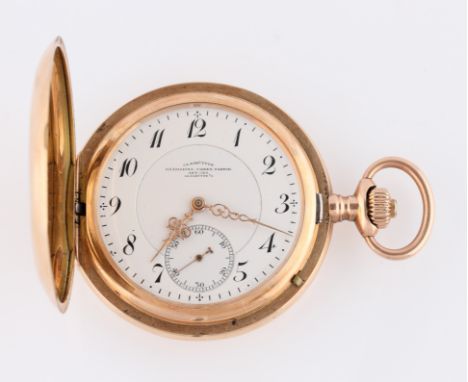 A Glashutter full hunter crown wind pocket watch, the white enamel dial having hourly Arabic numeral markers with minute trac