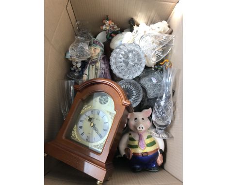 A large collection of china ware, glassware, a barometer, a Bentima Westminster chime wall clock, a box containing several wa