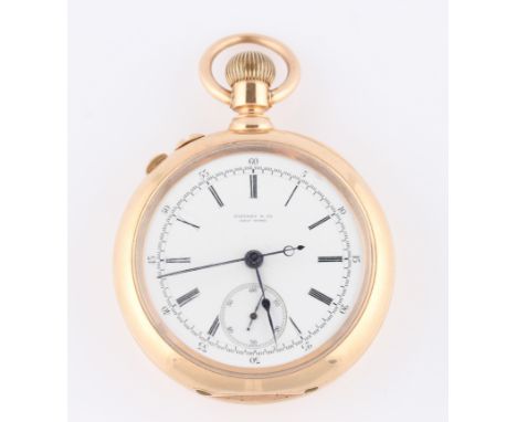 A Tiffany &amp; Co. New York open face crown wind chronograph pocket watch, the white enamel dial having hourly Roman numeral
