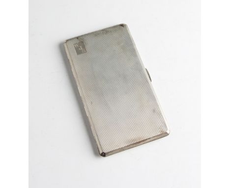 A silver cigarette case, the rectangular engine turned form featuring initials WJS, gilt interior featuring personal engravin