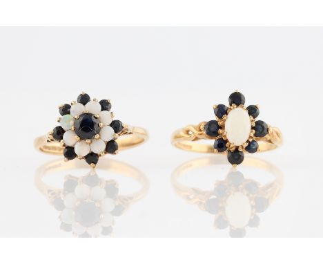 Two hallmarked 9ct yellow gold sapphire and opal tiered cluster rings, ring sizes L and L½, (2).