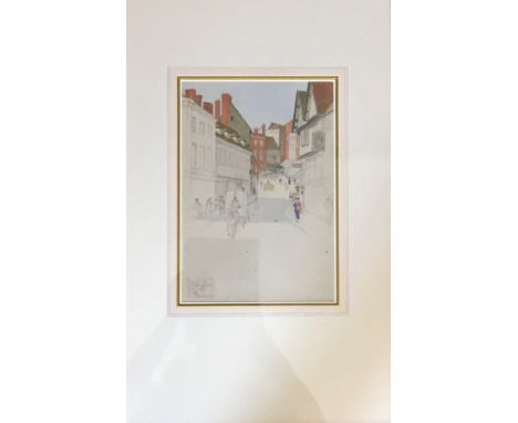 JOSEPH SOUTHALL. Framed, glazed and mounted watercolour and pen sketch of Shrewsbury street with figures, signed with initial