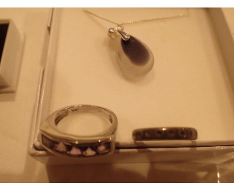 925 silver necklace and 925 silver amethyst set ring and a silver and gold eternity ring