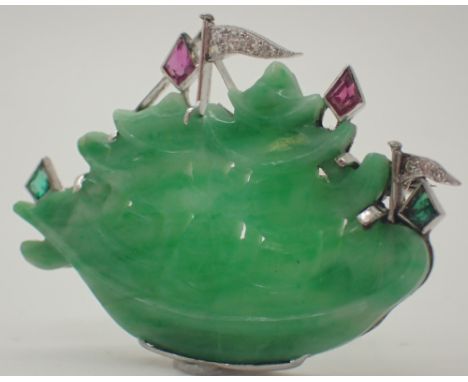 18ct white gold and platinum set finely carved and pierced jade Oriental sailing ship brooch set with diamonds ruby and emera