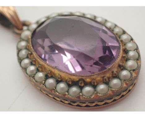Presumed 9ct gold amethyst and seed pearl set pendant and chain 4.8g