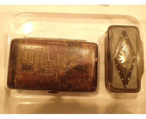 Victorian ebonised snuff box with mother of pearl decoration and a small cigarette box with Egyptian decoration