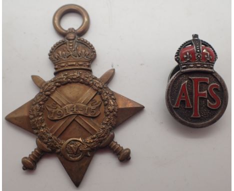 1914 - 1916 WWI medal to 1846 Pte R Dearden R Fusileers and a womens Auxiliary Fire Service badge no 15591