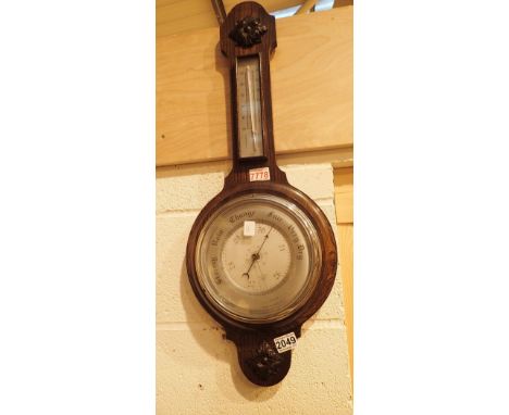 Oak cased banjo barometer thermometer