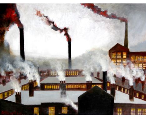 David Barrow (British, b. 1959)- 'Factories and Chimneys' Oil on board, signed 'Atherton' (Atherton is a pseudonym for David 