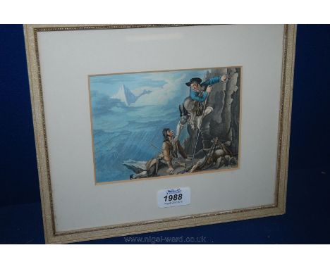 A hand coloured Print of early mountaineering labelled verso 'Position dangereux pres du Finsterraahorn......October 1882'' p