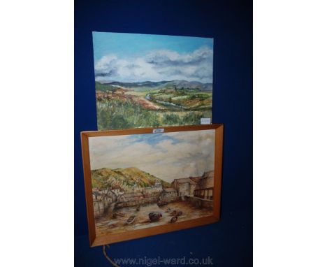 An Oil on board of rolling landscape unsigned and an Acrylic painting on board of Polperro, signed lower right K D Barnfather