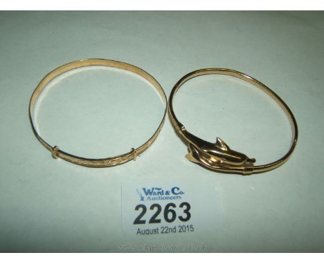 A 9ct. gold Dolphin Bangle and another yellow metal Bangle