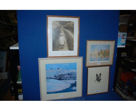 Four Prints including Highland Terrier, Regatta at Argenteuil by Monet, a Caroline Arber print and a modern Landscape.