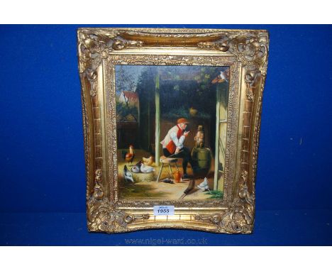 A gilded framed Print on board 'Stable Hand Training Dog', initialled H.H.