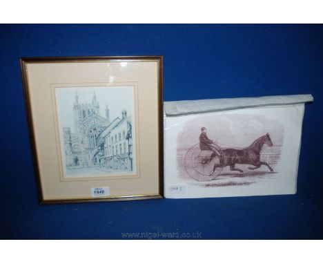 A framed limited edition Print of Hereford Cathedral, no. 461/850 plus an unframed print of an engraving of a trotting horse.