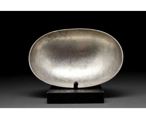 Ca. 224-651 AD A silver boat-shaped vessel with an oval plan, sloping sides and rounded bottom. The Sassanian empire which ru