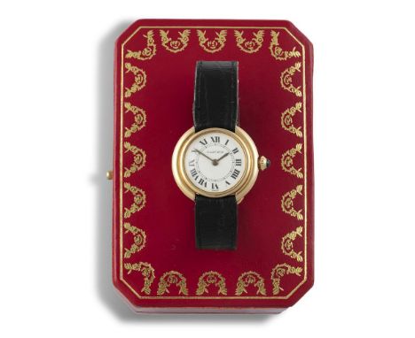 A LADY'S 18K GOLD 'MUST DE CARTIER' BRACELET WATCH, BY CARTIER, CIRCA 198015-Jewelled manual wind movement, white dial with b