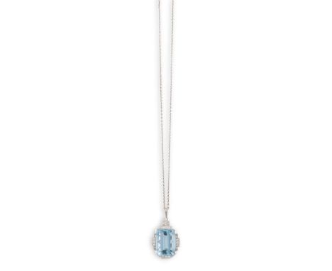 AN ART DECO AQUAMARINE AND DIAMOND PENDANT ON CHAIN, CIRCA 1930The rectangular step-cut aquamarine weighing approximately 36.