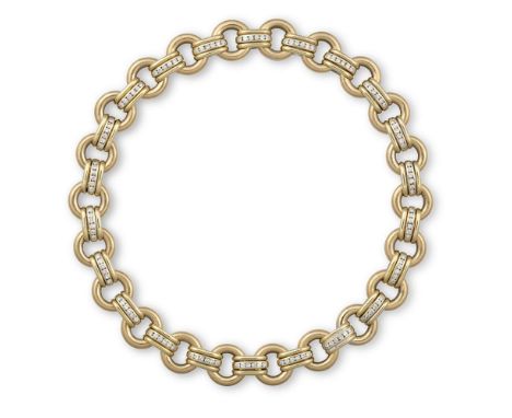 A GOLD AND DIAMOND NECKLACE, BY FARAONEDesigned as a series of polished circular yellow gold links, each spaced by three-bar 