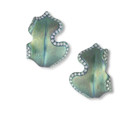 A PAIR OF TITANIUM AND DIAMOND EARRINGS, BY MARGHERITA BURGENEREach designed as a stylised leaf of green tint, accented by pa