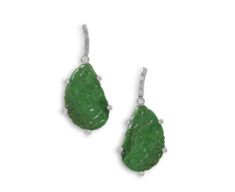 A PAIR OF CARVED JADEITE JADE AND DIAMOND PENDANT EARRINGSEach pear-shaped jadeite jade plaque finely carved to depict openwo