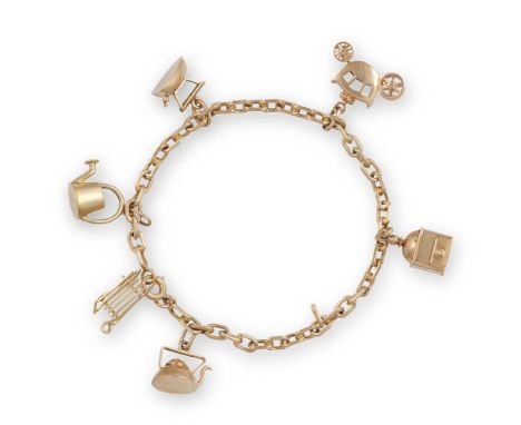 A GOLD CHARM BRACELETThe fancy-link chain bracelet, suspending six charms, including an iron, a sledge, a kettle...mounted in