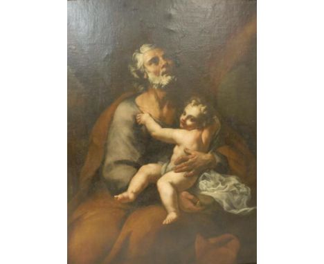 FRANCESCO BOCCACCINO (1680-1750) "Saint Joseph with child upon his lap", oil on canvas, unsigned, inscribed on label verso ".