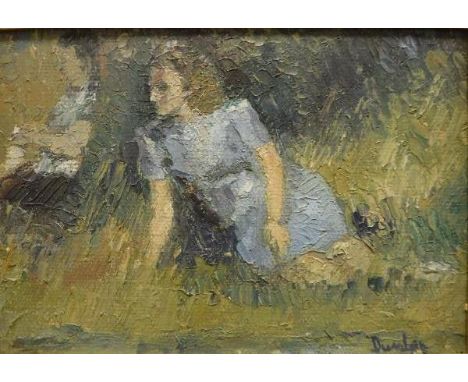 RONALD OSSORY DUNLOP (1894-1973) "Study of figure in blue dress seated in a field", oil on board, signed lower right, 17 cm x