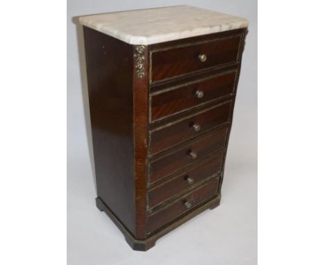 A small chest of six drawers in the French taste with white marble top, raised on bracket feet 27 cm wide x 36 cm high CONDIT