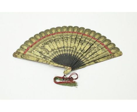 A 19th Century lacquered and gilt decorated brisé fan depicting figures within a landscape with pagodas CONDITION REPORTS All