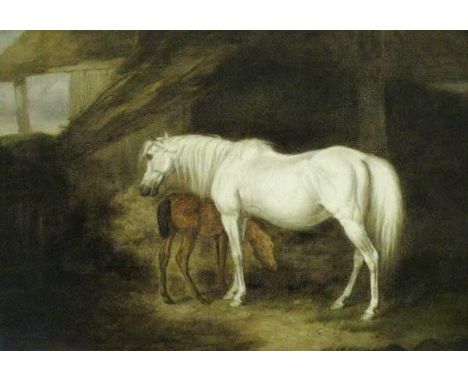 19TH CENTURY ENGLISH SCHOOL IN THE MANNER OF J F HERRING "Mare and foal in stableyard", oil on panel, unsigned, 25 cm x 35 cm