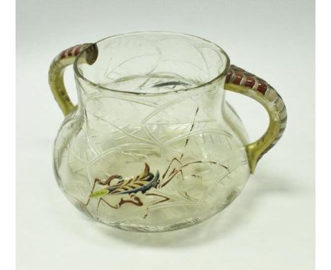 An Emile Gallé (1846-1904) circa 1890 twin-handled bowl with incised leaf decoration to the body, enamel and gilt decorated h