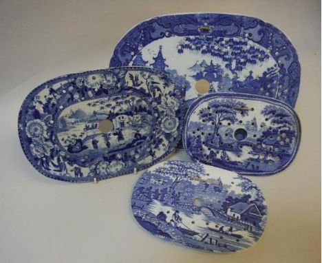 A 19th Century willow pattern, transfer decorated meat strainer, 33 cm x 24.5 cm, another chinoiserie transfer decorated meat