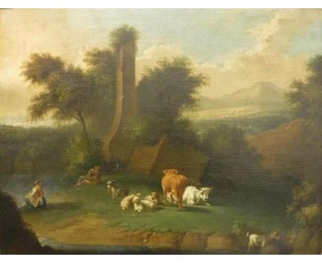 LATE 18TH / EARLY 19TH CENTURY DUTCH SCHOOL IN THE MANNER OF EUGENE VERBOECKHOVEN "Two figures relaxing by water's edge while