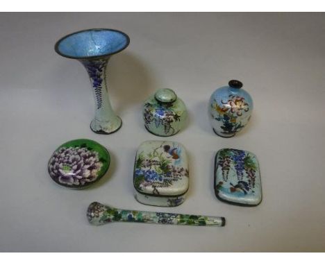 A collection of early 20th Century Chinese Ginbari cloisonné wares to include a vase on a silver coloured ground decorated wi