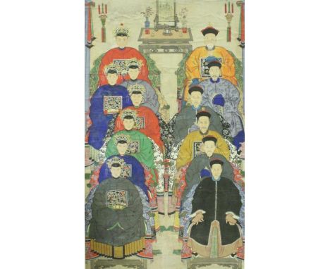 19TH CENTURY CHINESE SCHOOL QING DYNASTY "Ancestral study", depicting several generations of a family seated wearing richly c