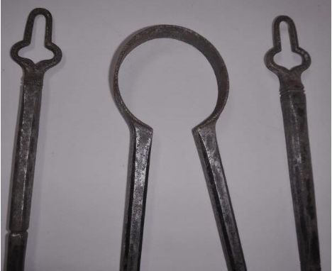 A set of three Cotswold School fireside tools by Bill Pankhurst of Oakridge Lynch to include poker, tongs and brush, poker 45