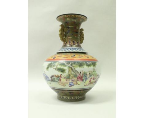 A Chinese polychrome decorated vase, the flared rim and neck brown ground decorated with bats and medallions amongst clouds f