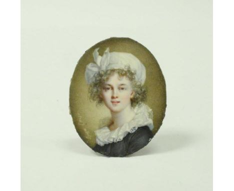 LOUISA CORSI "Young girl in bonnet", a head and shoulders portrait study, oval, miniature, oil on ivory, signed lower left, 6