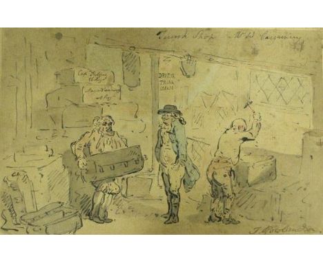 THOMAS ROWLANDSON (1756-1827) "Trunk shop - Mr W bargaining", pen and ink and watercolour, signed lower right and entitled to