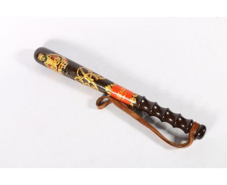 George V painted wood police constables truncheon, painted with crown, GR cypher and cartouche with 'Constable' inside, havin