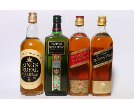 Four 1970s bottles of blended Scotch whisky to include JOHNNIE WALKER Black Label 70° 26 2/3 fluid ounces, JOHNNIE WALKER Red