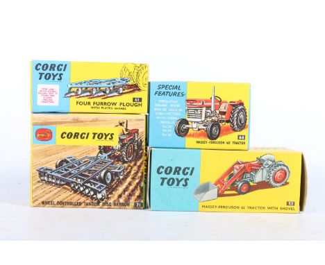 Four Corgi Toys diecast model vehicles to include 53 Massey-Ferguson 65 Tractor with Shovel, 61 Four Furrow Plough with Plate